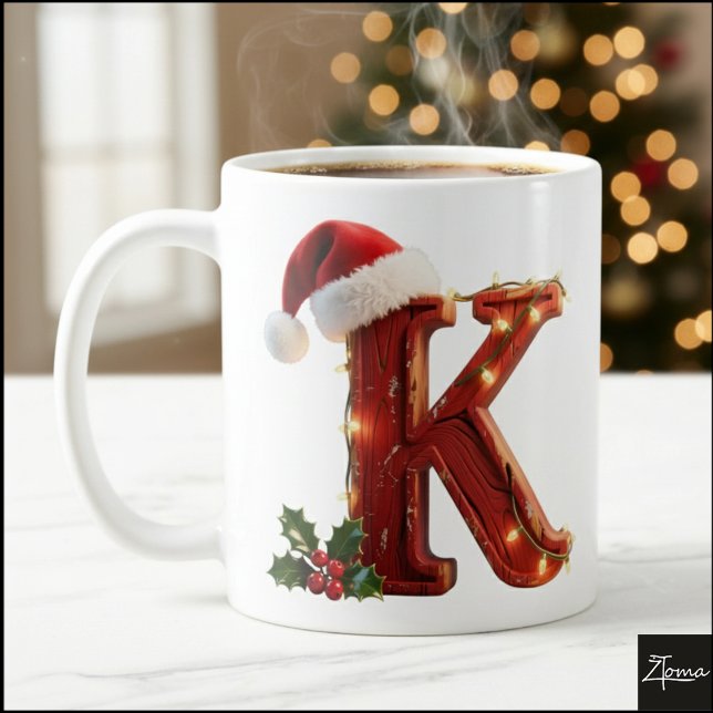 Caneca De Café Rustic Wood Christmas Letter K String Lights (Criador carregado)