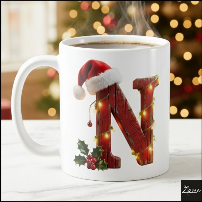 Caneca De Café Rustic Wood Christmas Letter NString Lights (Criador carregado)