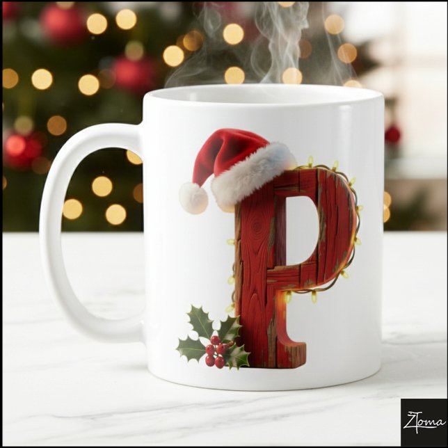 Caneca De Café Rustic Wood Christmas Letter P String Lights (Criador carregado)