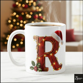 Caneca De Café Rustic Wood Christmas Letter R String Lights