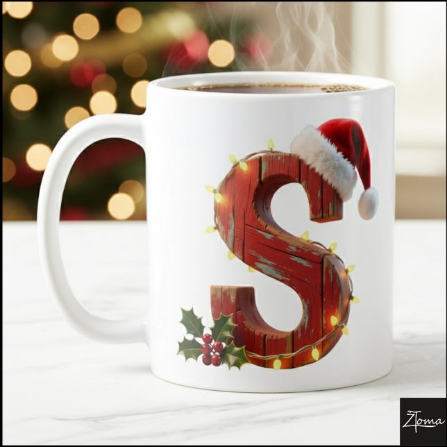 Caneca De Café Rustic Wood Christmas Letter S String Lights (Criador carregado)