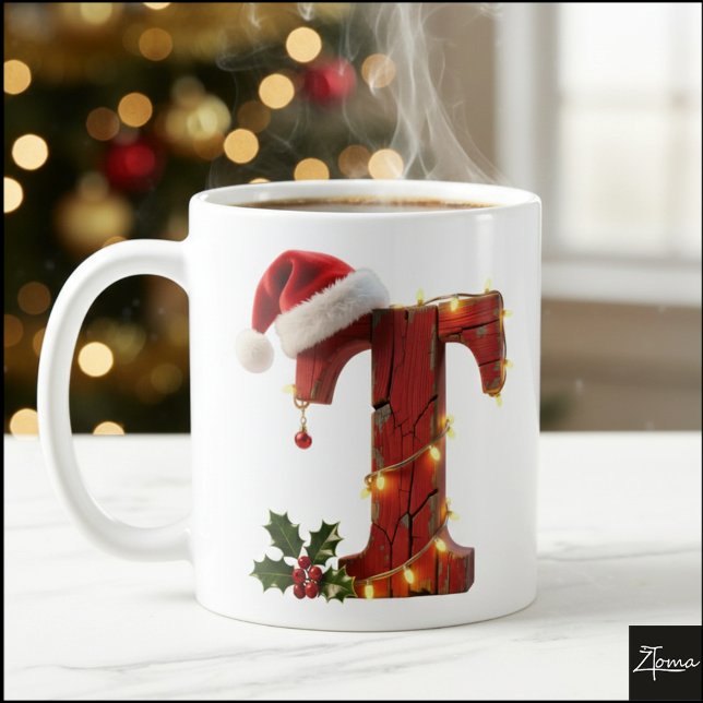 Caneca De Café Rustic Wood Christmas Letter T String Lights (Criador carregado)