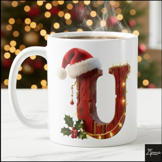 Caneca De Café Rustic Wood Christmas Letter U String Lights (Criador carregado)
