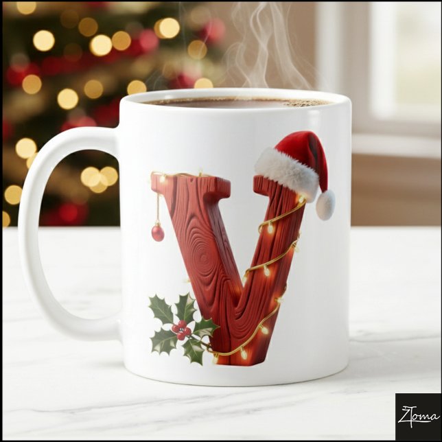 Caneca De Café Rustic Wood Christmas Letter V String Lights (Criador carregado)