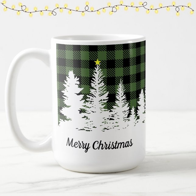 Caneca De Café Rústico Natal Plaid Búfalo Verde Floresta Feliz Na (Criador carregado)
