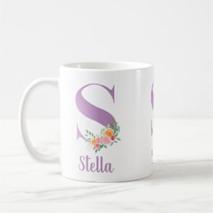 Caneca De Café S Monograma Cor Floral Púrpura Personalizada