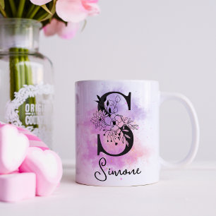 Caneca De Café S Monograma de Letra Preta Floral Roxo Rosa