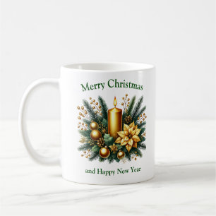 Caneca De Café Sábio elegante e velas e pinheiro de Natal dourado