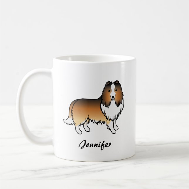 Caneca De Café Sable Shetland Sheepdog Cartoon Dog & Name (Esquerda)