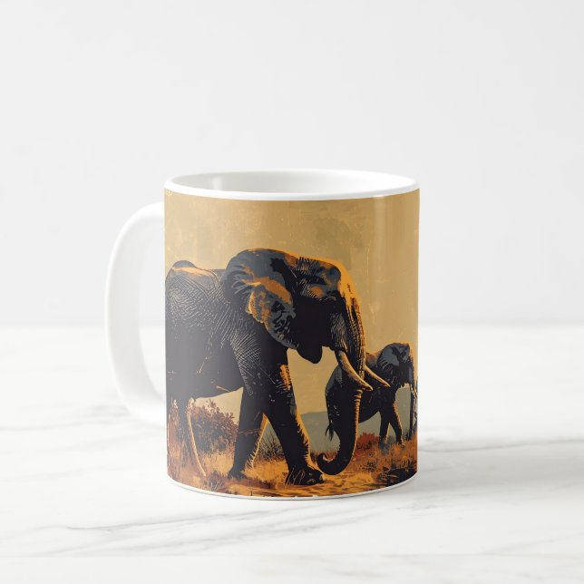 Caneca De Café Safari Sunset: Elefante Vintage (Frente Esquerda)