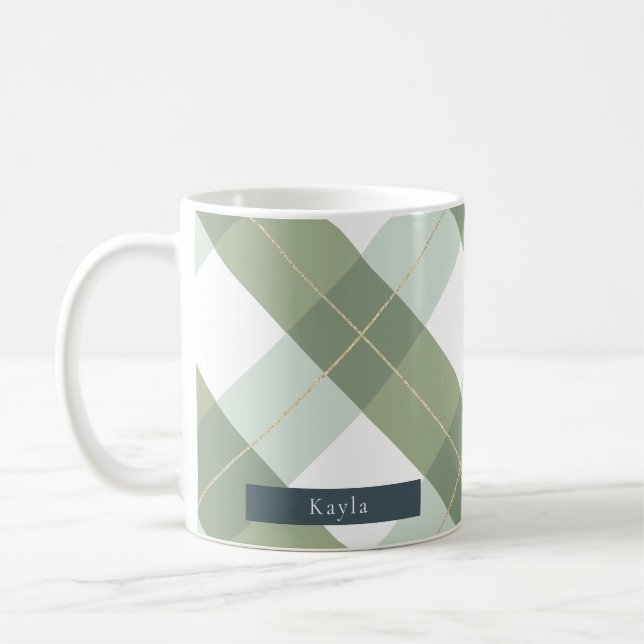 Caneca De Café Sage Green & Dourada Xadrez Gingham (Esquerda)