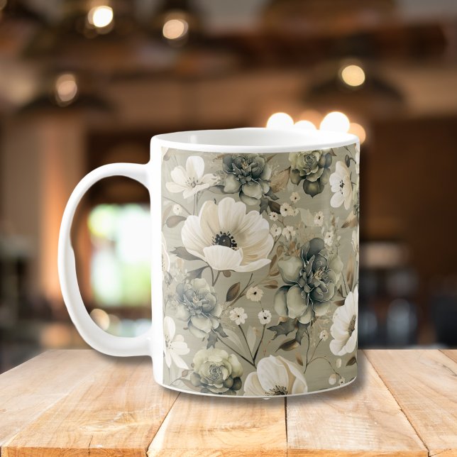 Caneca De Café Sage Green E Cream Floral (Criador carregado)