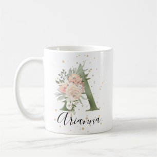 Caneca De Café Sage Green Monograma - Letra A Peach Beige Floral