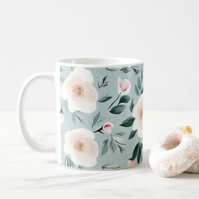 Caneca De Café Sage Green Peonies floral (Com Donut)