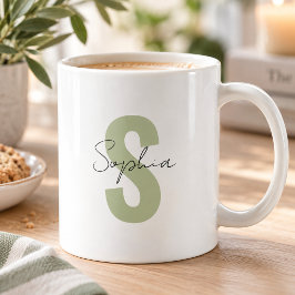 Caneca De Café Sage Verde Monograma Letra Caligrafia Nome