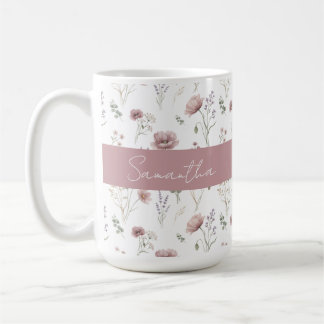 Caneca De Café Sage Verde Rosa Empoeirado Aquarela Flor Silvestre