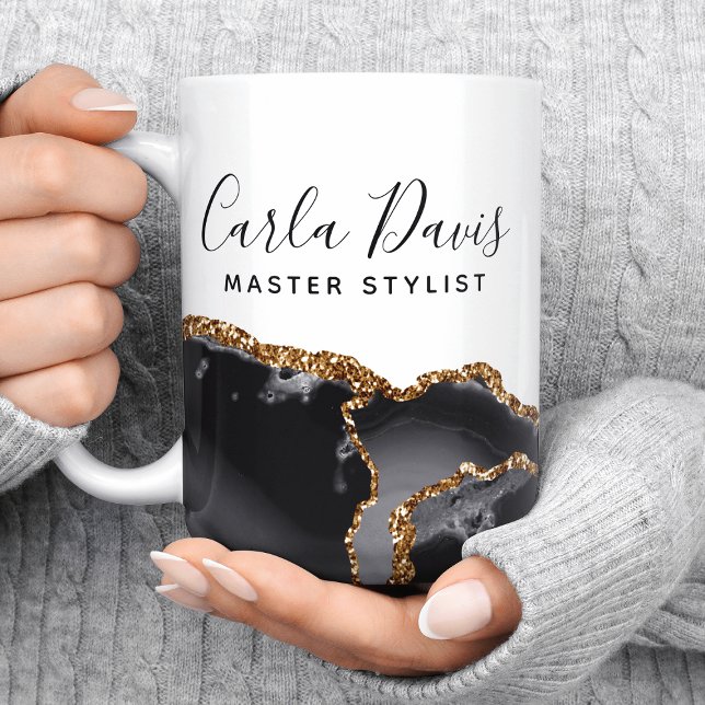 Caneca De Café Salão de Mármore Preto e Dourado Agata com Rótulo  (Criador carregado)