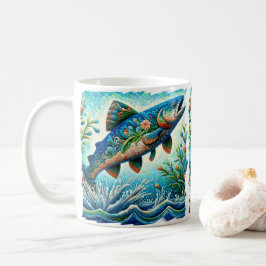 Caneca De Café Salmão Jumping Mosaico Floral Azul Pêssego Verde