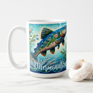 Caneca De Café Salmão Saltando Mosaico Floral Azul Personalizado