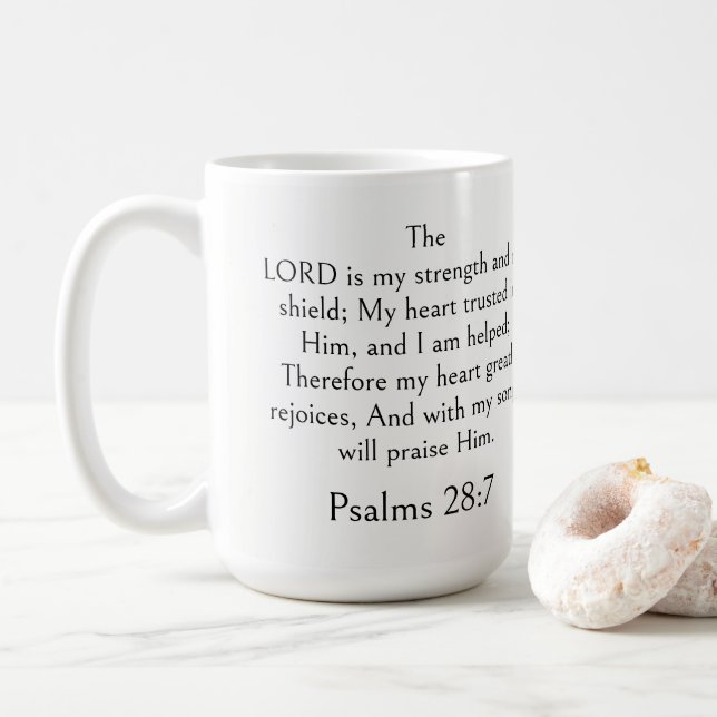 Caneca De Café Salmo 28:7 Versículo Bíblico, Escritura de Força M (Com Donut)