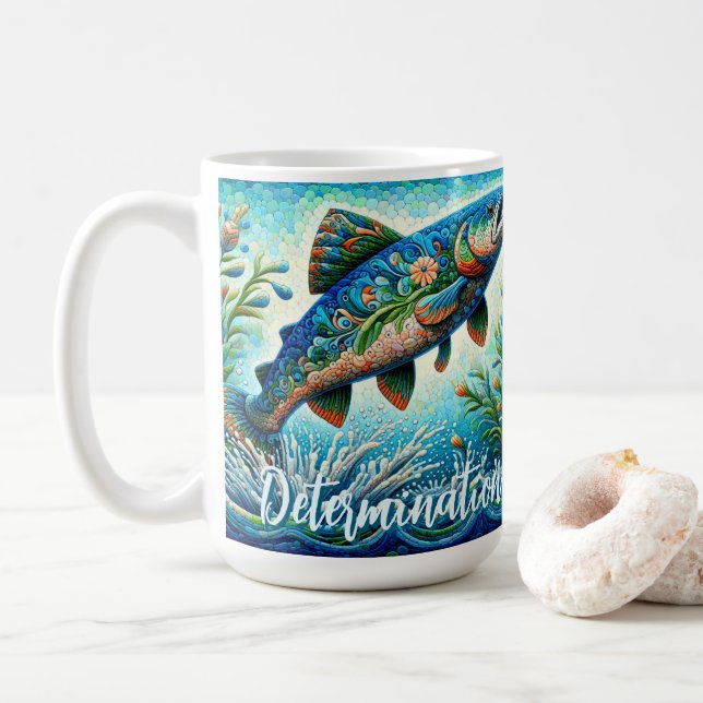 Caneca De Café Salmon Jumping Mosaic Floral Blue Personalized (Com Donut)