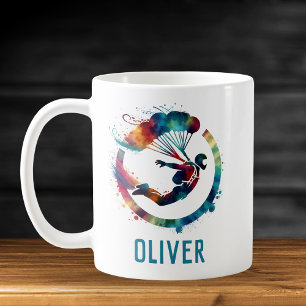 Caneca De Café Saltador de Paraquedas Colorido Aquarela Personali
