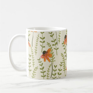 Caneca De Café Samambaias verdes, flores laranja, natureza.
