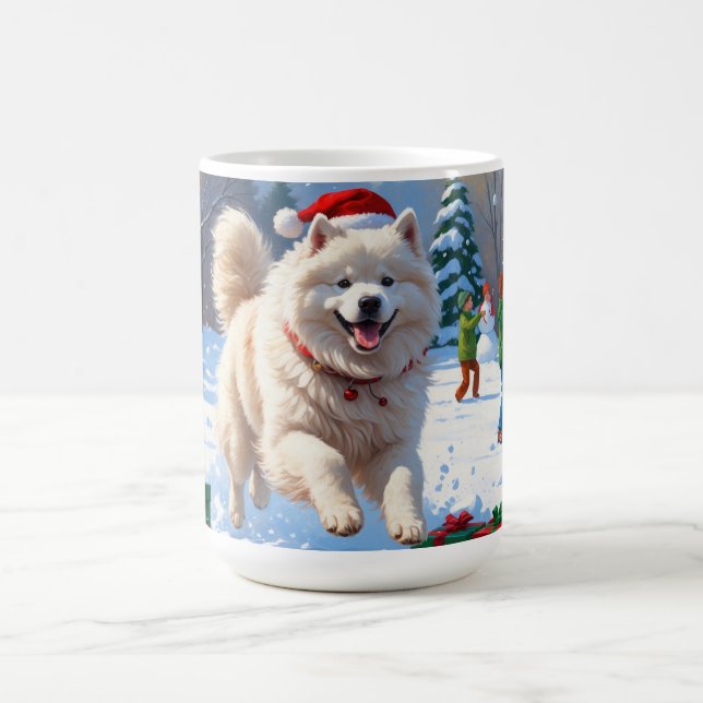 Caneca De Café Samoyed Correndo em Neve com Chapéu de Natal (Centro)