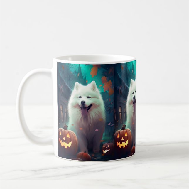 Caneca De Café Samoyed de Halloween com Abóboras Assustadoras (Esquerda)
