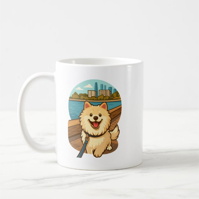 Caneca De Café Samoyed Feliz Passeando pela Orla da Cidade (Esquerda)