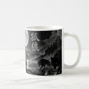 Caneca De Café Samurai Lobo Solitário sob a Lua – Arte Kanji (孤狼)