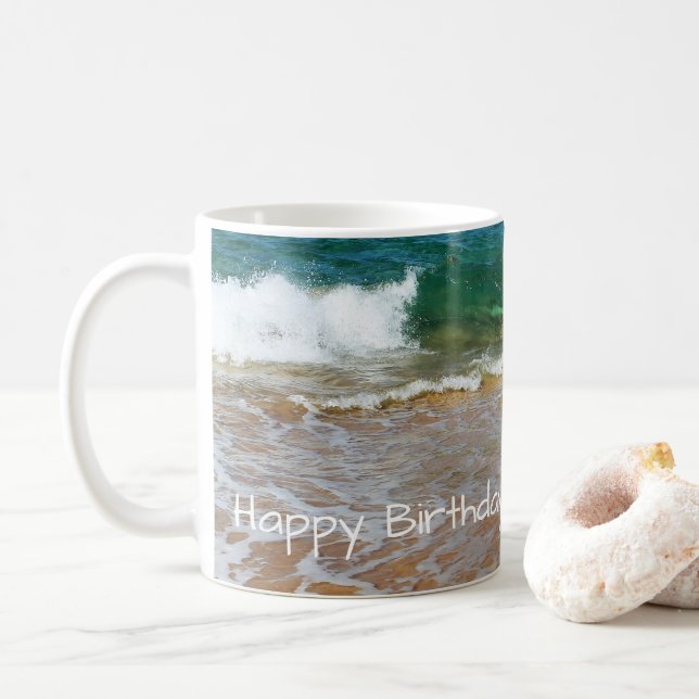 Caneca De Café Sandy Beach e Waves Happy Birthday Mug (Com Donut)