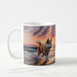 Caneca De Café Sandy Paws Akita Dog em Beach Sunset