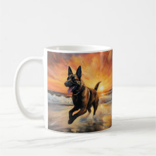 Caneca De Café Sandy Paws Cachorro Malinois Belga em Beach Sunset