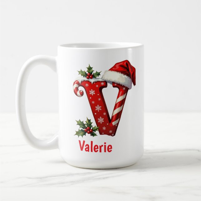 Caneca De Café Santa chic Monogram initial V merry Christmas  (Esquerda)