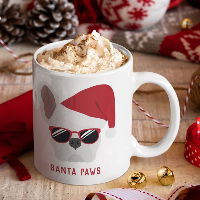Caneca De Café Santa Paws Natal Bulldogue Francês Branco (Criador carregado)
