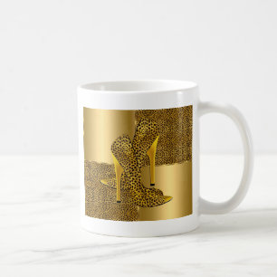 Caneca De Café Sapatos de salto alto elegantes de leopardo dourad