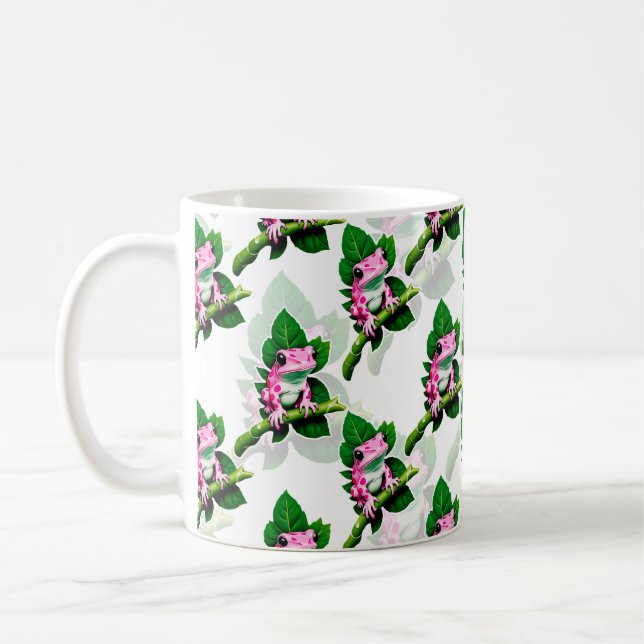 Caneca De Café Sapo Rosa No Padrão De Folha Verde Design (Esquerda)