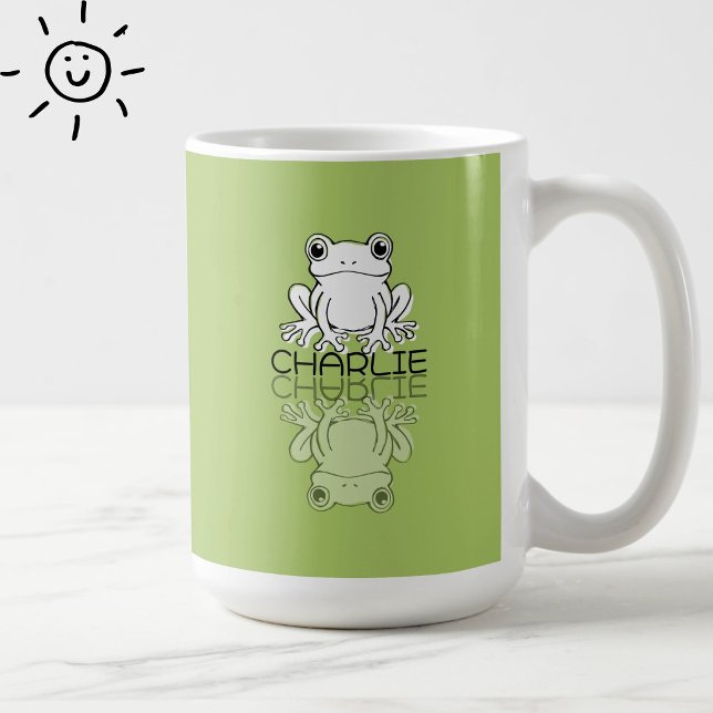 Caneca De Café Sapo Verde Fofo Reflexo Doodle Nome Personalizado  (Criador carregado)
