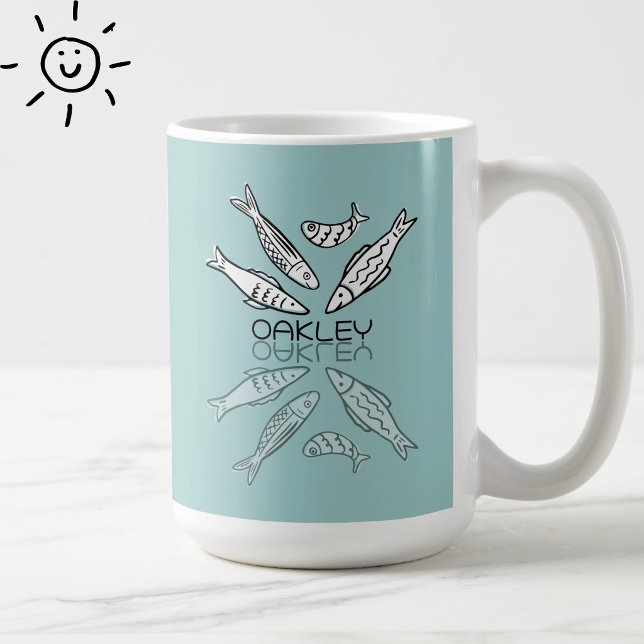 Caneca De Café Sardinhas Azuis Fofas Reflexo Doodle Nome Personal (Criador carregado)