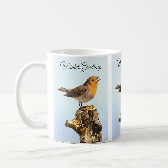 Caneca De Café Saudações de Inverno. Robin cantando  (Esquerda)