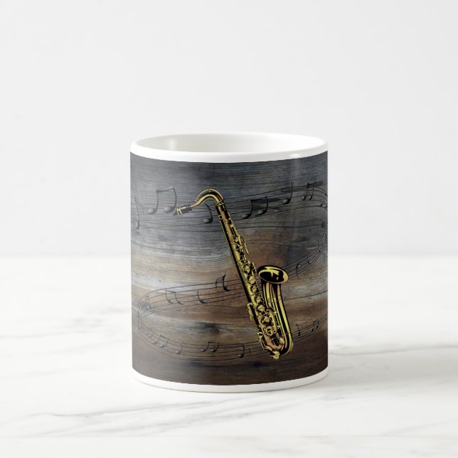 Caneca De Café Saxofone ~ Escala Musical ~ Fundo Barnwood (Centro)