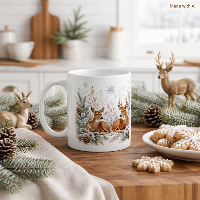 Caneca de Café Sazonal com Cervos na Floresta em N (Criador carregado)