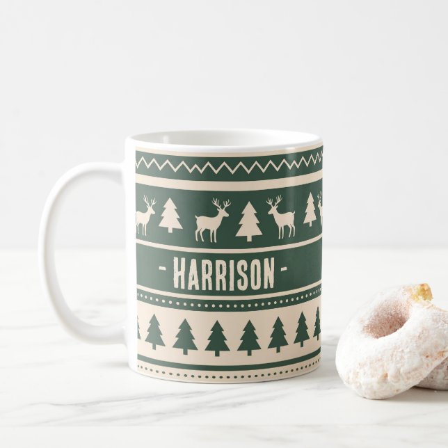 Caneca De Café Scandi Fair Isle | Suéter Feio Verde com Nome Pers (Com Donut)