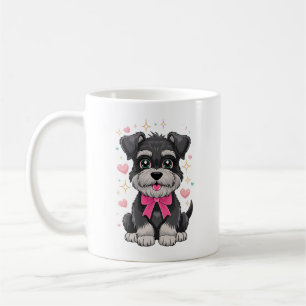 Caneca De Café Schnauzer Fofo Com Laço Rosa Rodeado por Corações