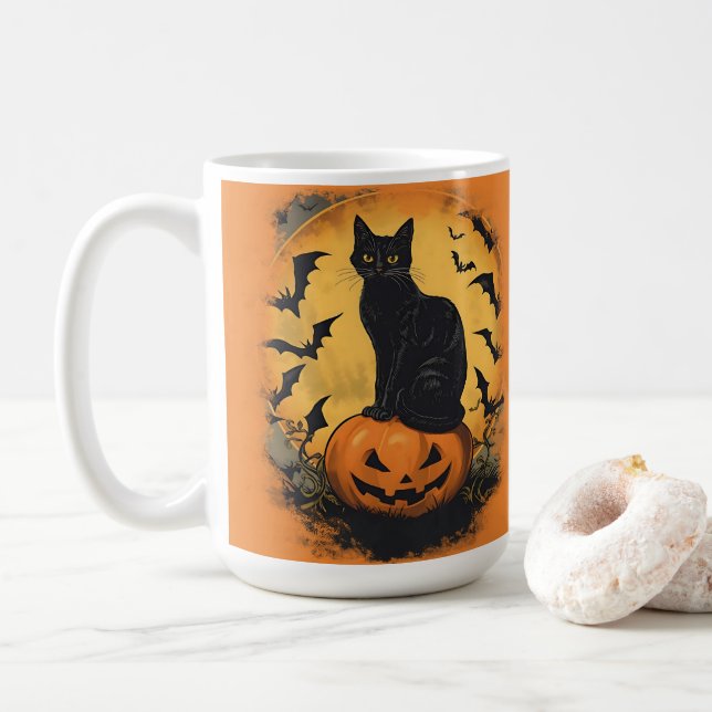 Caneca De Café Schwarze Katze auf Halloween-Kürbis (Com Donut)