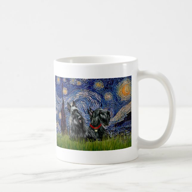 Caneca De Café Scottish Terrier (dois negros) - Starry Night (Direita)