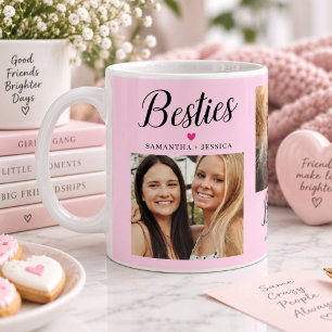 Caneca De Café Script BESTIE Rosa 3 Colagem de Fotos & Nomes