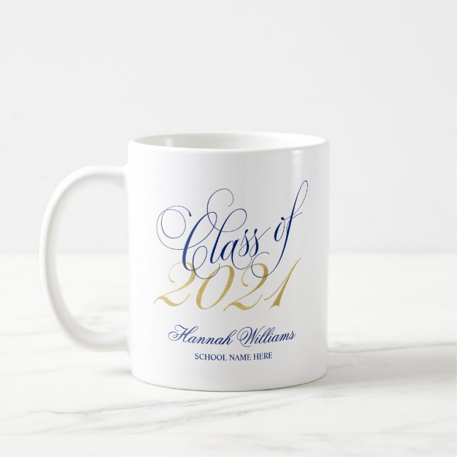 Caneca De Café Script Blue Dourado Classe de Graduação 2021 (Esquerda)