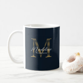 Caneca De Café Script Chic Monograma Dourado Azul Naval